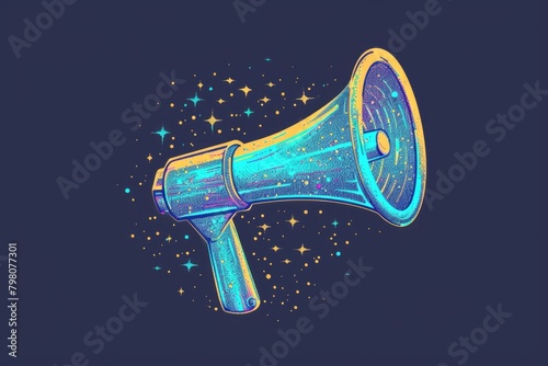 A blue and yellow megaphone with stars in the background. Perfect for advertising and communication concepts