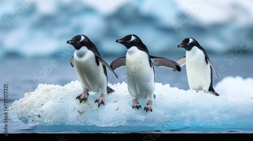 Three penguins stand firmly on a windswept iceberg  demonstrating the resilience of wildlife against nature s elements