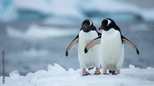 Intimate portrait of two penguins bonded in the midst of a snowy ambiance