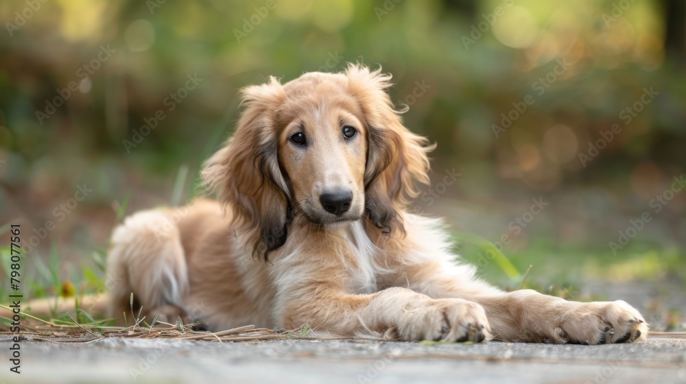 A beautiful Golden Retriever puppy lounges on the ground looking directly into the camera A beautiful Golden Retriever puppy lounges on the ground looking directly into the camera