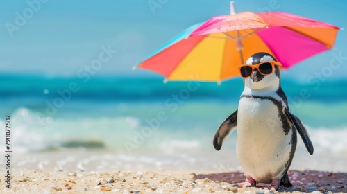 A playful scene featuring a penguin shielded by two vibrant umbrellas on sandy shores