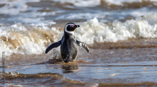 Majestic image of a penguin enjoying the sea waves at golden hour imbuing a sense of freedom photo