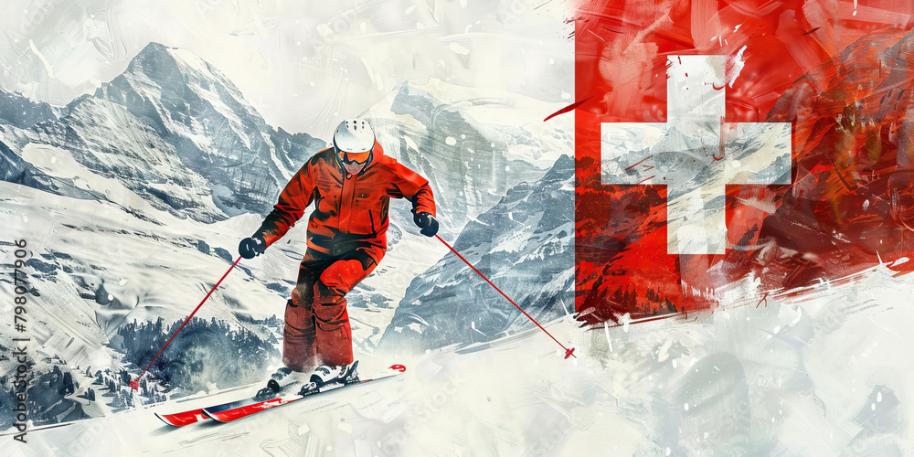 Φωτογραφία Swiss Flag with a Watchmaker and a Skier - Imagine the Swiss flag with a watchma
