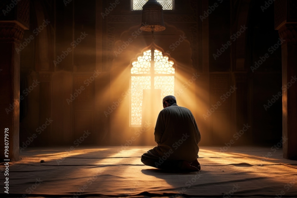 Muslim man praying inside the mosque spirituality architecture backlighting. Muslim man praying inside the mosque spirituality architecture backlighting.