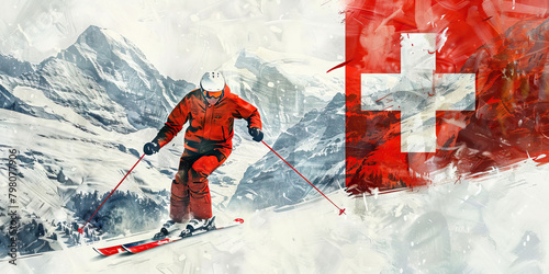 Swiss Flag with a Watchmaker and a Skier - Imagine the Swiss flag with a watchmaker representing Switzerland's watchmaking industry and a skier photo