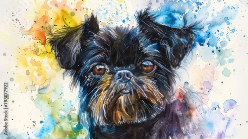An expressive black dog painted in watercolor style with abstract vibrant color splashes that convey emotion and artistic flair photo
