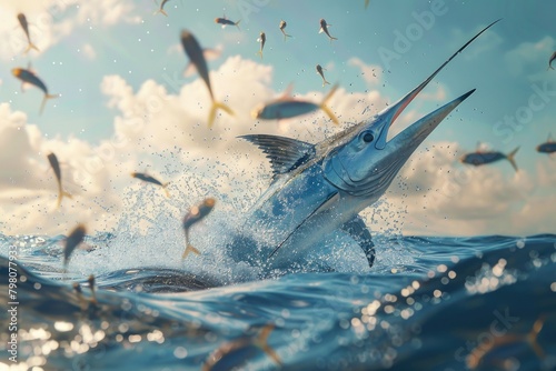A majestic blue marlin fish leaping out of the water, perfect for aquatic themed designs