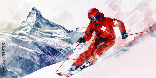 Swiss Flag with a Watchmaker and a Skier - Imagine the Swiss flag with a watchmaker representing Switzerland's watchmaking industry and a skier photo