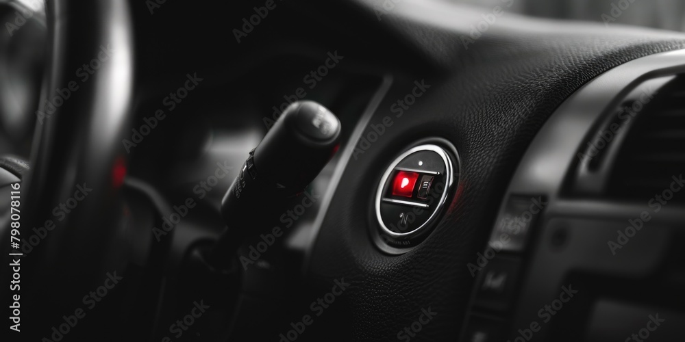 Close up of a steering wheel with a red light, perfect for automotive concepts