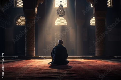 Muslim man praying inside the mosque adult contemplation spirituality. photo