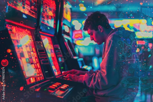 A man playing a video game at a casino. Suitable for gaming or gambling concepts