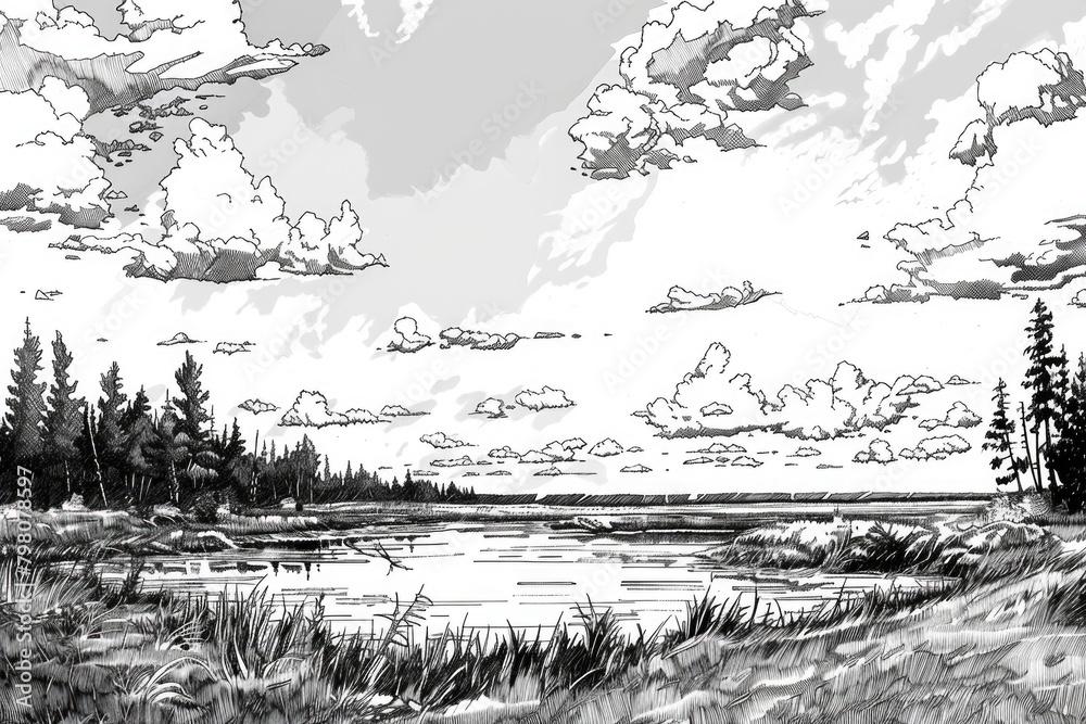 Detailed monochrome illustration of a serene lake. Suitable for nature-themed designs