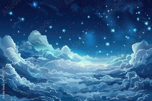 A beautiful night sky with twinkling stars and fluffy clouds. Ideal for backgrounds or astronomy concepts