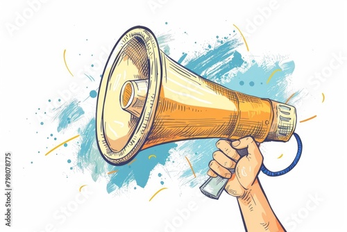 A hand holding a megaphone on a blue background. Suitable for advertising and communication concepts