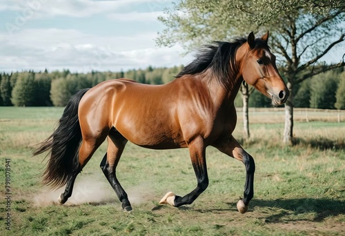 Horse galloping at full speed across a field with green grass and trees in the background