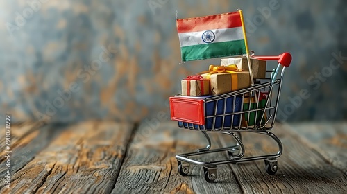 indian flag in shopping trolley on wooden table with white wall background copy space. india independence day
