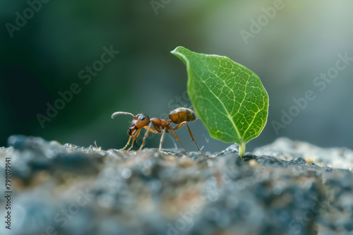 An ant carries a large leaf © Stone Story