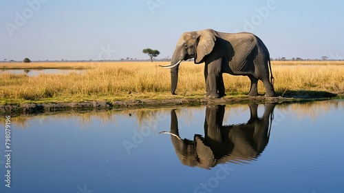 African elephant  loxodonta africana  majestically standing by water hole in chobe national park  botswana  savuti marsh wildlife scene