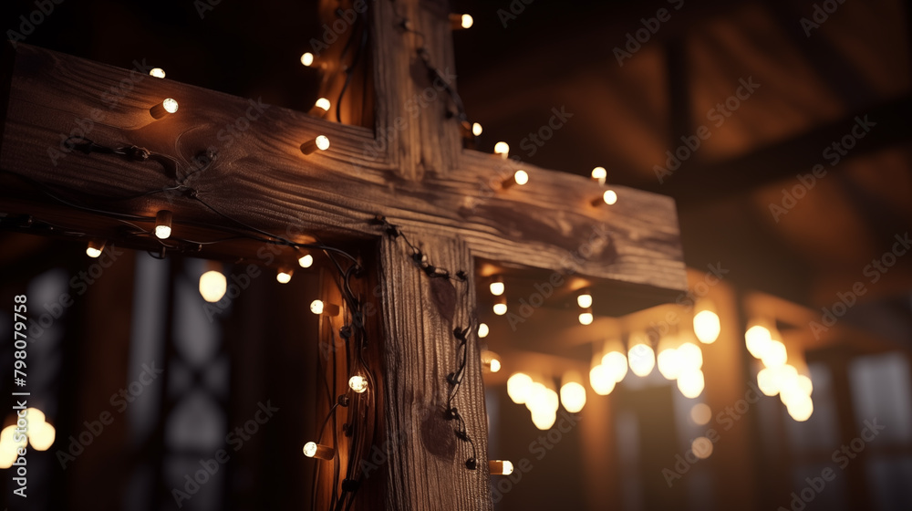 Wood cross with light garlands