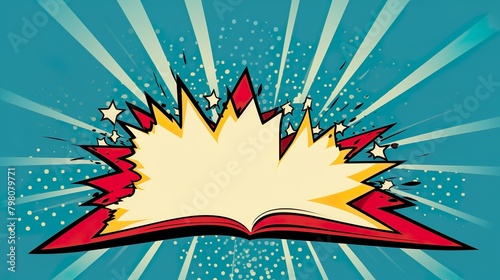 Retro-styled comic book explosion design overlaid on an open red book, conveying excitement in education and reading
