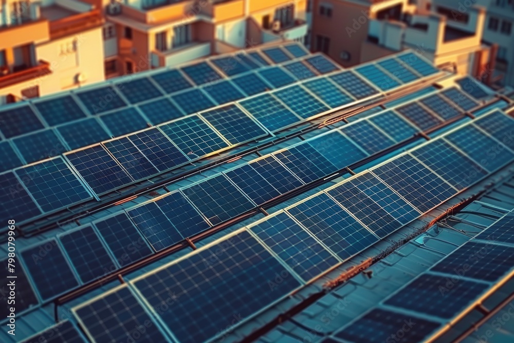 Group of solar panels on a rooftop, ideal for renewable energy concept Group of solar panels on a rooftop, ideal for renewable energy concept