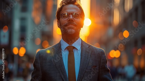 Happy wealthy rich successful caucasian businessman standing in big city modern skyscrapers , Ai generated image photo