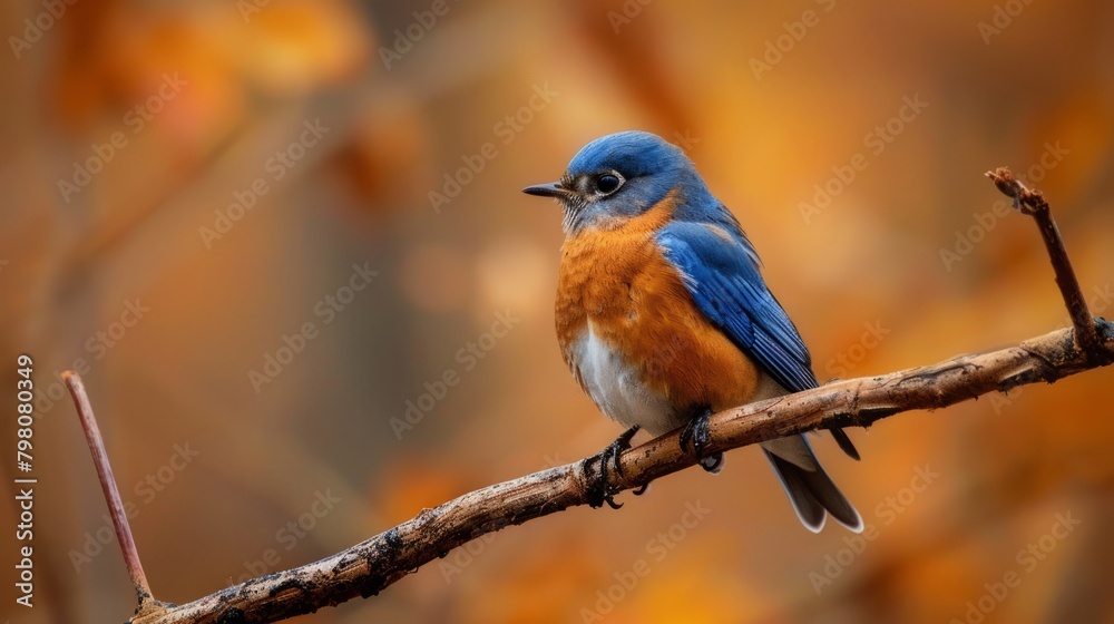 Fototapeta premium Vivid blue bird perched on blossoming branch in springtime nature scene