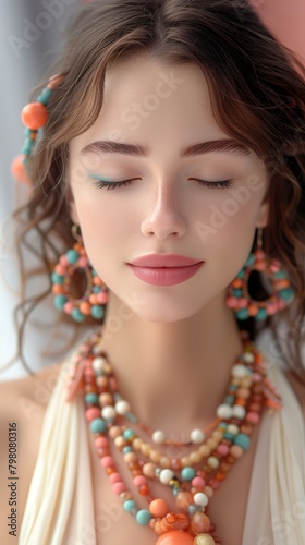 Ethereal woman with ethnic jewelry: Close-up portrait of a serene woman adorned with a colorful ethnic necklace and matching earrings, evoking a sense of delicate grace