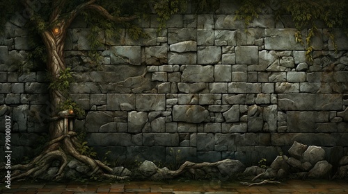 A mystical stonewall with green foliage and a singular tree creating a fantasy backdrop