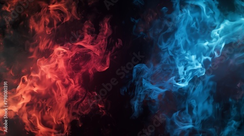 A wallpaper of two flames, one red and the other blue, smoke between them against a dark background.