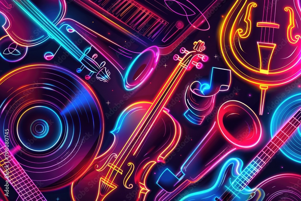 Neon music instruments on a black background, perfect for music events promotions