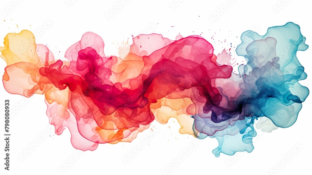 A modern art piece featuring bright color ink splashes flowing dynamically against a white negative space A modern art piece featuring bright color ink splashes flowing dynamically against a white negative space