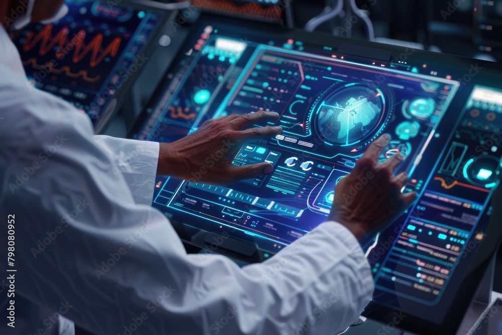 A man in a white shirt focused on a computer screen. Suitable for technology concept A man in a white shirt focused on a computer screen. Suitable for technology concept