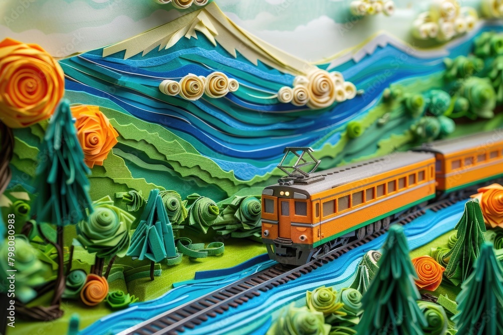 A decorative cake featuring a train on tracks. Perfect for train enthusiasts or birthday celebrations