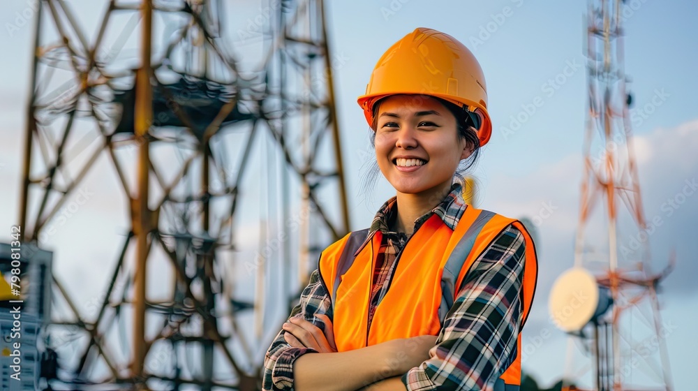 A portrait of an attractive smiling young female telecom engineer with his arms crossed A portrait of an attractive smiling young female telecom engineer with his arms crossed