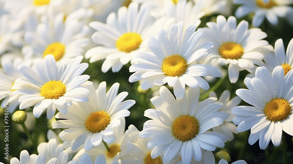 Fototapeta premium A vibrant close-up of beautiful white daisies with bright yellow centers basking in the natural sunlight