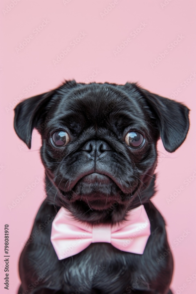 Adorable small black dog wearing a pink bow tie, perfect for pet lovers and special occasions