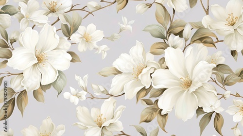 A seamless floral pattern with white flowers and elegant leaves arranged against a soft beige backdrop for a serene effect