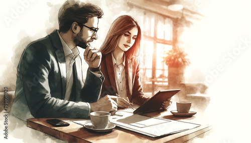 A man and a woman are sitting at a table with a tablet in front of them