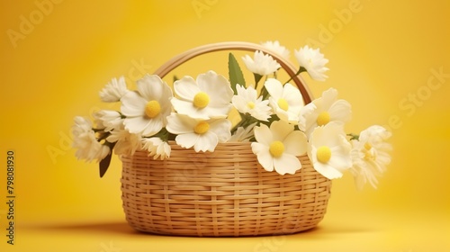 A cheerful composition of vivid white daisies with yellow centers in a wicker basket against a sunny yellow background