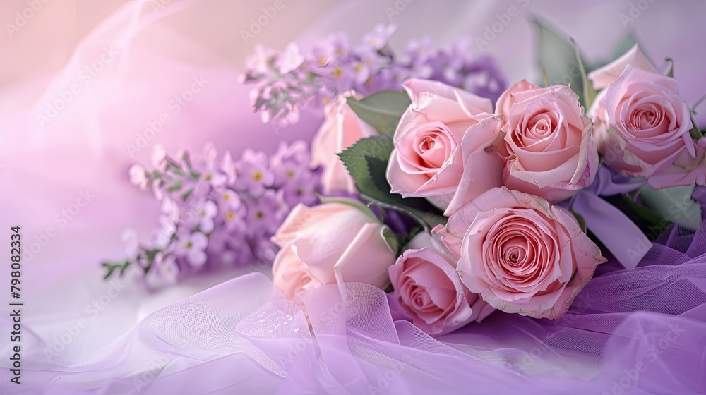 A lovely arrangement of pink roses tied with a bow set against a lilac background featuring copy space and a wedding theme A lovely arrangement of pink roses tied with a bow set against a lilac background featuring copy space and a wedding theme