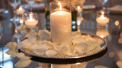 A small intimate gathering is illuminated by a single candle centerpiece set on a mirrored tray with tered petals. 2d flat cartoon.