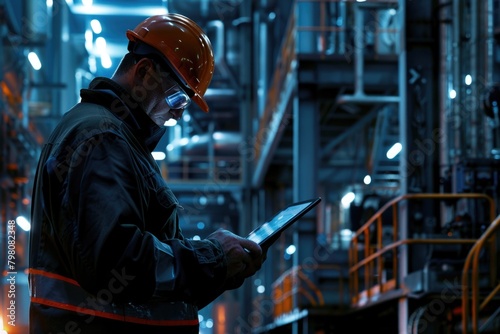 A man in a hard hat using a tablet. Suitable for construction and technology concepts