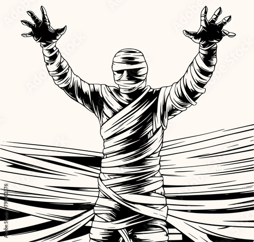 Spooky mummy with hand raised for Halloween vector, Generative Ai