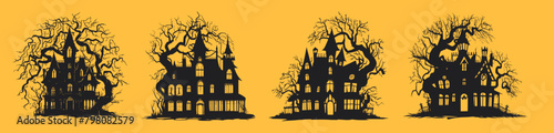 Silhouette of haunted house with tree, spooky mansion with tree, gothic scary castle, Generative AI