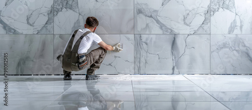 A uniformed construction worker laying ceramic tiles on a wall. Tiler, repair in the apartment, private master. photo