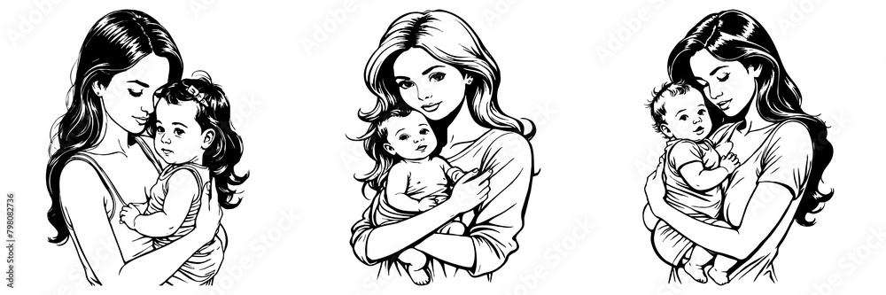 Black and white illustration. Mother's Day card design. Fictional characters. Generated by Ai Black and white illustration. Mother's Day card design. Fictional characters. Generated by Ai