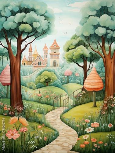 Whimsical park landscape, cheerful and handdrawn, perfect for a nursery backdrop ,  childlike drawing