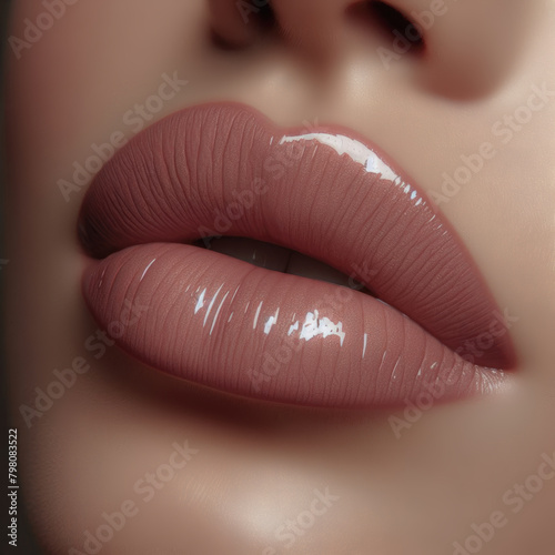 close-up of sensual lips painted with nude lipstick