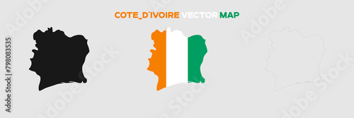 Côte_d'Ivoire Map Vector Pack. Map with Flag. Gray Map Silhouette. Gray Outline Map. Editable EPS file.